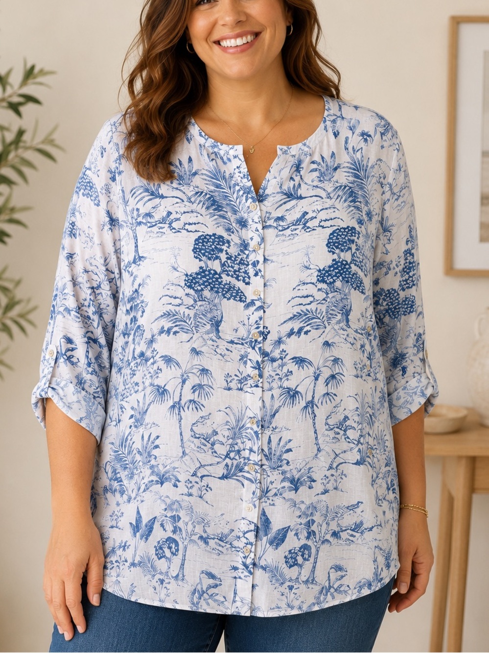 Joie Linen Toile Print Tunic Blouse 2X Blue White Tropical Coastal Cottagecore